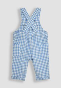 Blauwe en witte gingham ruit overalls met kruisbanden, twee zijzakken en een relaxte pasvorm. Katoenen stof met een gladde textuur.