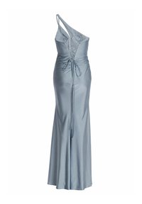 Robe de soirée en satin bleu clair avec une seule épaule, un dos à lacets croisés, une taille cintrée et une longue jupe ajustée avec un léger évasement.