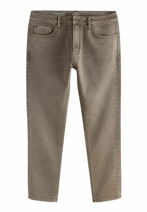 Schmal geschnittene braune Denim-Jeans mit Vordertaschen, Gürtelschlaufen, Knopfverschluss und Reißverschluss.