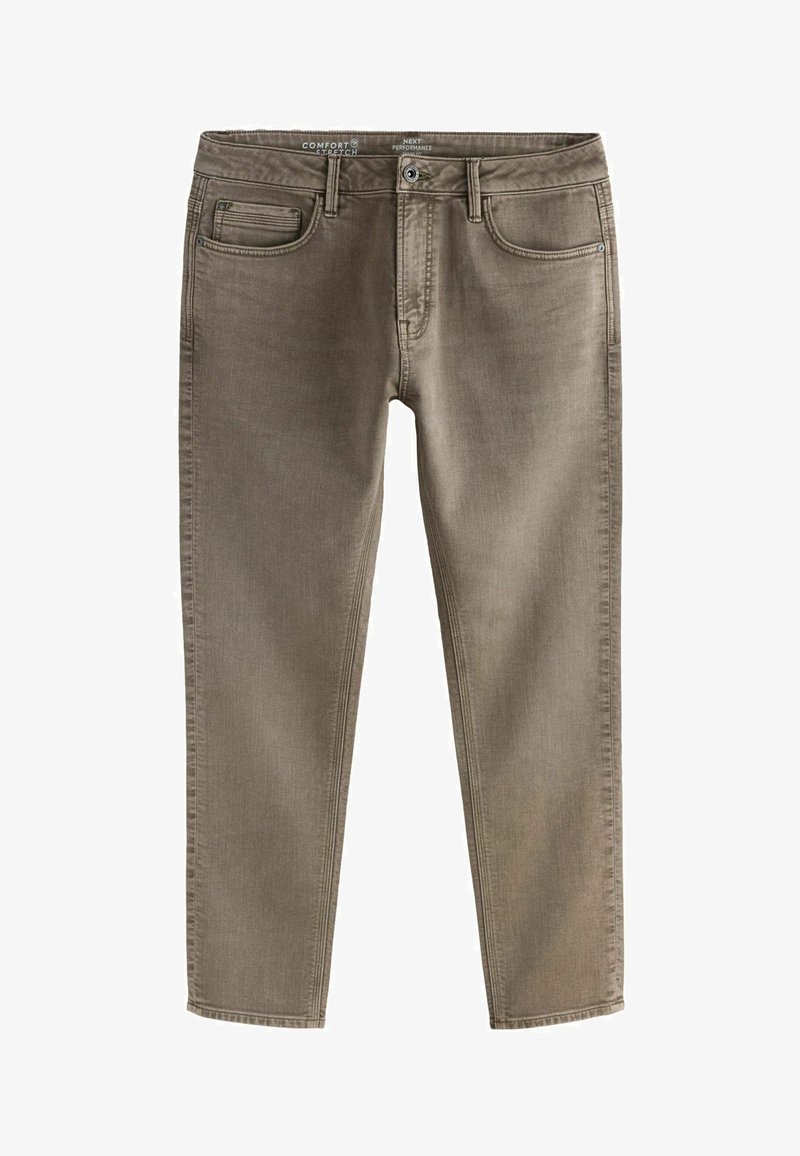 Jean en denim marron coupe slim avec poches avant, passants pour ceinture, fermeture par bouton et braguette zippée.