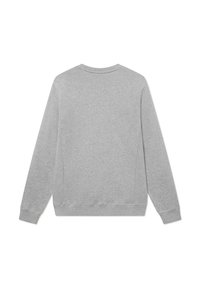 Sudadera gris con mangas largas, cuello redondo y puños y bajo acanalados. Presenta una textura suave y un diseño sencillo y sin adornos.