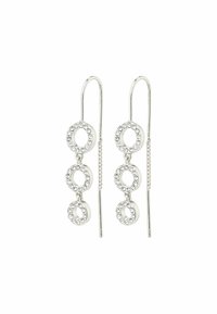 Boucles d'oreilles en argent avec trois designs circulaires liés, chacun orné de strass, dotées de crochets allongés pour l'attache.