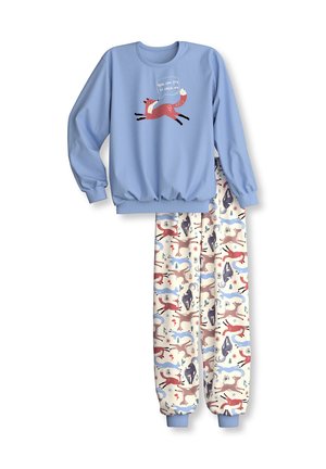 Hellblaues Langarmshirt mit einem springenden Fuchs, der "You can try to catch me" sagt, und cremefarbene Hose mit mehrfarbigem Fuchs- und Tiermuster.