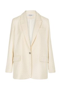 Blazer crema con un diseño estructurado, que presenta un cuello de solapa, dos bolsillos frontales y un sutil detalle perforado. Cierre con botón plateado.