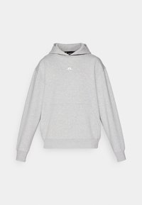 Grå hoodie lavet af blødt stof, med en forlommet lomme, lange ærmer og hætte med snoretræk. Lille logo trykt på brystet.