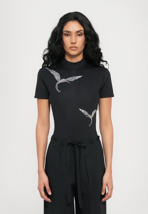 Black bodysuit with short sleeves, featuring crystal-embellished bird designs in pink and green on the chest. Soft, stretchy fabric.