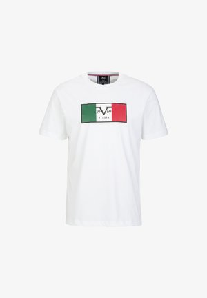 Weißes Baumwoll-T-Shirt mit einem rechteckigen Logo, das grüne, weiße und rote Abschnitte sowie einen schwarzen Rahmen aufweist, und dem Text "1969 ITALIA" in der Mitte.