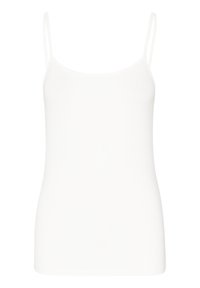 White camisole top with thin spaghetti straps, made of smooth fabric. Features a fitted design and seamless construction for a minimalist look.