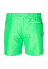 Pantaloni scurți de baie verde neon, cu un elastic în talie și o buzunare la spate. Textură netedă; fără modele vizibile sau accente.
