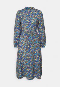 Floral print dress with long sleeves, collared neck, cinched waist, and knee-length hem in blue, orange, yellow, and brown tones.