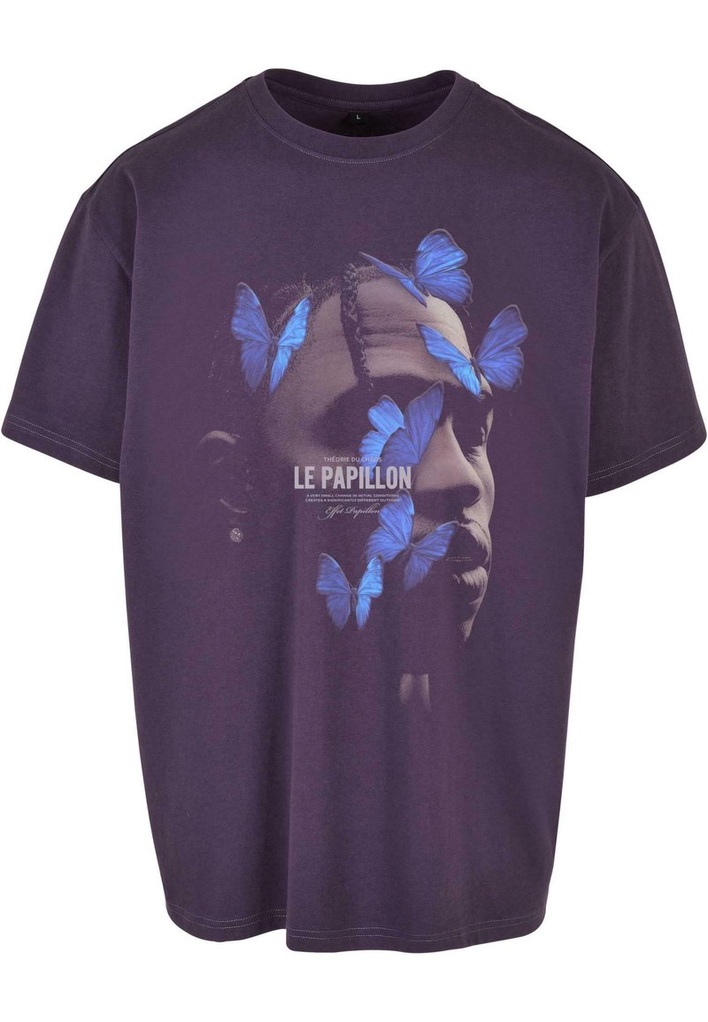 Purple cotton T-shirt featuring a graphic print of a face adorned with blue butterflies and the text "LE PAPILLON" at the center.