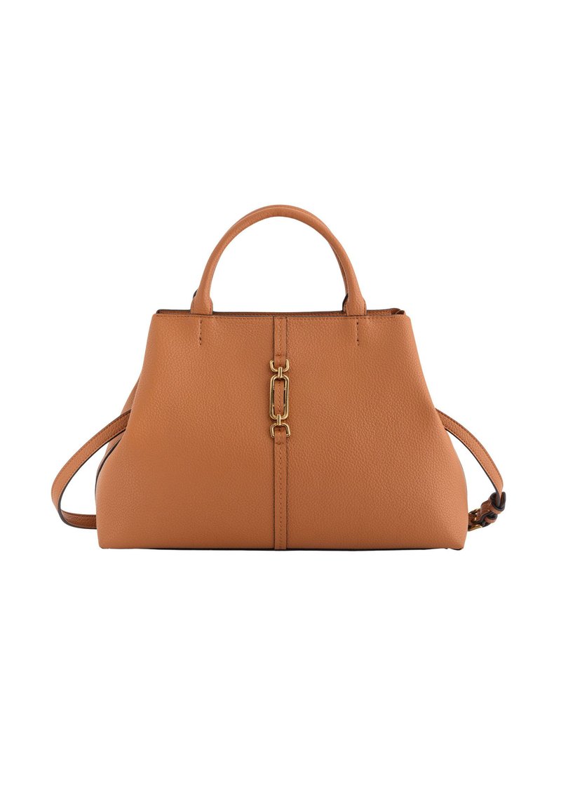 Braune Lederhandtasche mit Griffen oben, einem abnehmbaren Schulterriemen und goldfarbenen Verschlussdetails auf einem schlichten weißen Hintergrund.