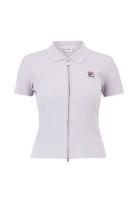 Paarse geribbelde polo shirt met korte mouwen, ritssluiting en een klein FILA-logo op de linkerborst. Zachte textuur.