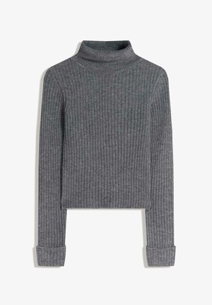 Grauer gerippter Rollkragenpullover mit langen Ärmeln, cropped Design und umgeschlagenen Bündchen. Hergestellt aus einem weichen Strickmaterial.