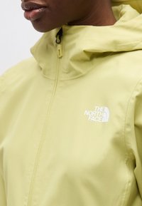 Κοντινή λήψη ενός ατόμου που φοράει ένα ανοιχτό πράσινο μπουφάν North Face με φερμουάρ και κουκούλα, με το λογότυπο της εταιρείας στο στήθος.
