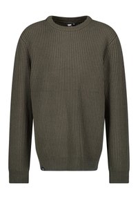 Khakigrüner, gerippter Pullover mit langen Ärmeln, rundem Ausschnitt und strukturiertem Finish. Verfügt über ein kleines Logo am unteren linken Rand.