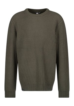Maglione a coste verde khaki con maniche lunghe, collo rotondo e finitura testurizzata. Presenta un piccolo logo in basso a sinistra.