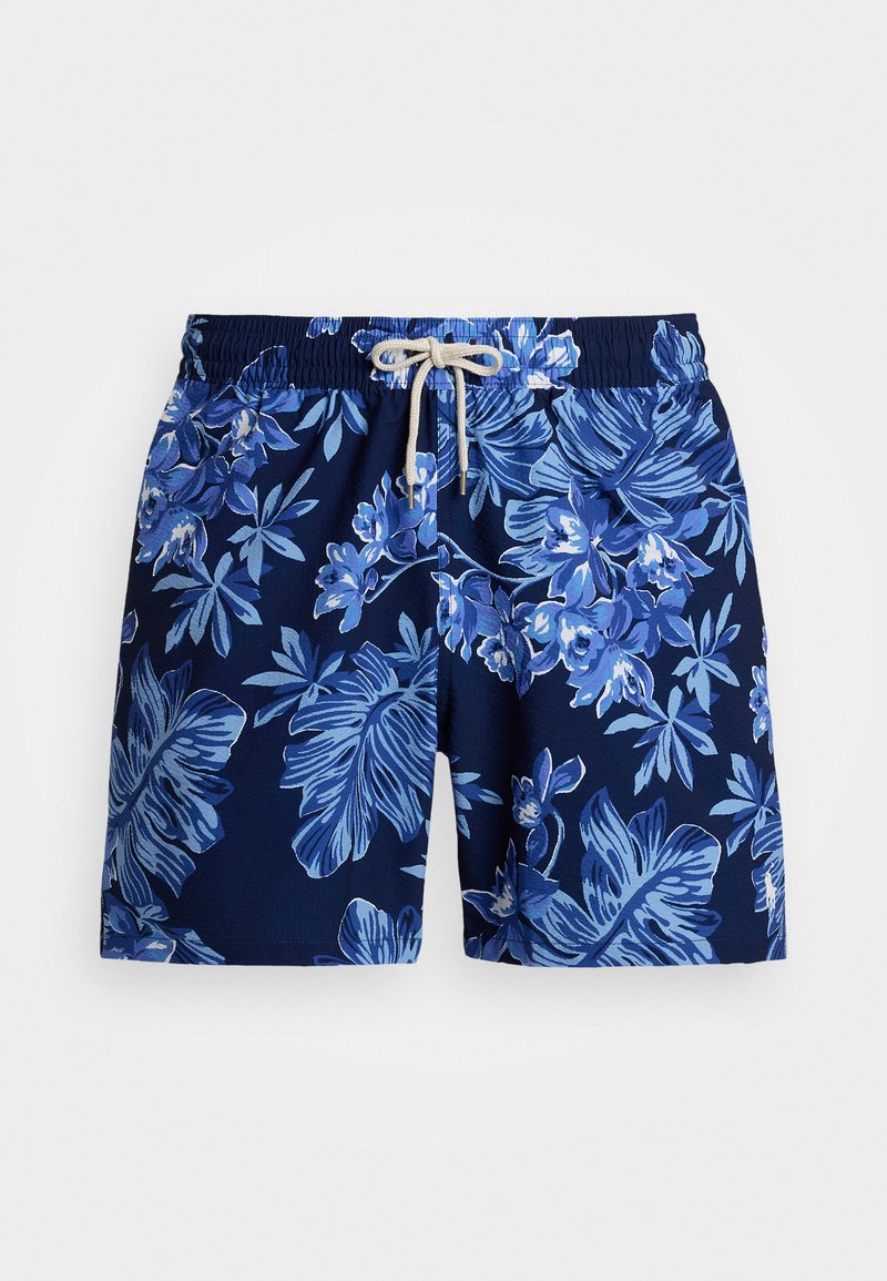 Mörkblå badshorts med blommönster i nyanser av blått. Har elastisk midja med snörning och sömmar på sidorna.