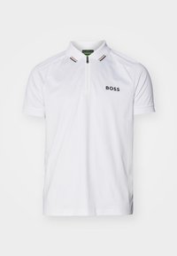 White polo shirt with a short zipper, ribbed collar featuring black and brown stripes, and a black "BOSS" logo on the chest.