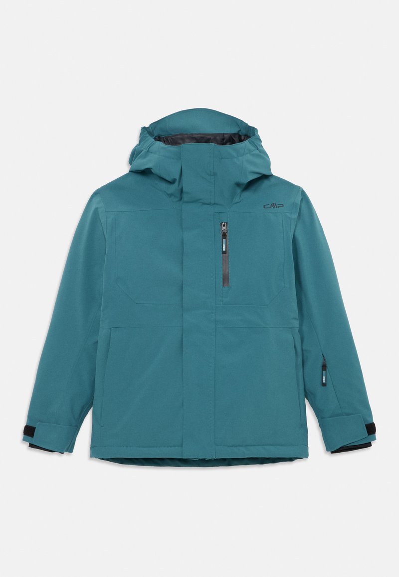 Teal waterproof jack met capuchon, voorrits, ritszak op de borst, verstelbare manchetten en merklogo op de borst.