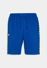 Siniset urheilushortsit, joissa on joustava vyötärö, nauhalla, sivuilla mustat raidat toistuvalla logokuviolla ja sileä pinta.