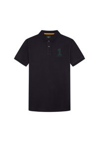 Čierna polo tričko vyrobené z bavlny, s green okrajom na golieri a veľkým zeleným logom "1" na hrudi. Dizajn s dvomi gombíkmi.
