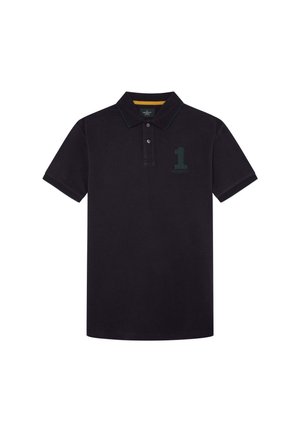 Schwarzes Polohemd aus Baumwolle mit grünem Kragenbesatz und großem grünen "1"-Logo auf der Brust. Design mit zwei Knöpfen.