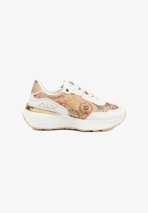 White sneaker with a textured peach-colored upper featuring a world map pattern, gold accents, and white laces. Chunky sole design.
