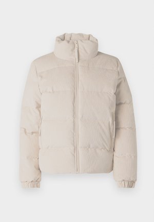 Puffjacke in hellbeige, mit horizontalen Steppabschnitten, hohem Kragen, Reißverschluss und elastischen Bündchen sowie Saum.