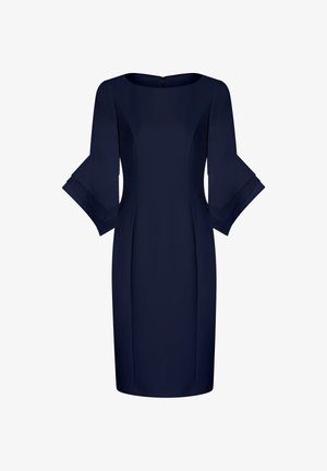 Marineblaues knielanges Kleid mit figurbetonter Silhouette, U-Boot-Ausschnitt und 3/4-langen Glockenärmeln mit Lagen-Detail.