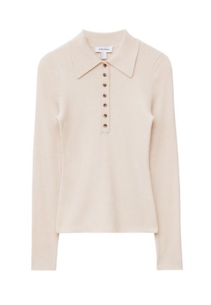 Beige geripptes Strick-Polohemd mit langen Ärmeln, weitem Kragen und sieben braunen Knöpfen entlang der Frontleiste.