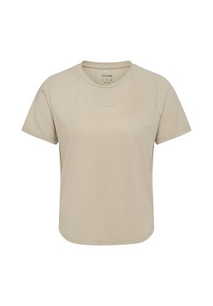 Beige sport T-shirt met korte mouwen en ronde hals, subtiel hummel-logo op de borst, gemaakt van lichtgewicht en ademende stof.