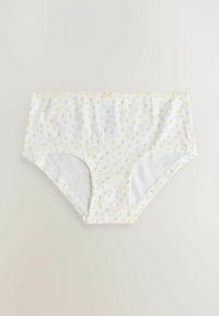 Chiloți din bumbac alb cu imprimeu floral galben. Au un tiv confortabil și cusături decorative minime pe margini.