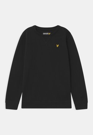 Czarny długi rękaw crewneck z niewielkim haftowanym logo żółtego ptaka na lewej piersi oraz prążkowanymi mankietami i dołem.