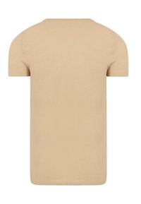 Beige katoenen t-shirt met korte mouwen, ronde hals en een gladde textuur. Eenvoudig ontwerp zonder afbeeldingen of patronen.