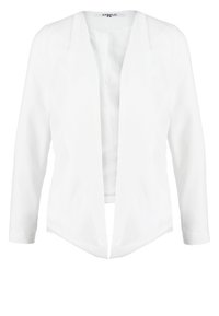 Blazer blanc ouvert sur le devant, manches longues et ourlet légèrement incurvé, présenté sur fond blanc.