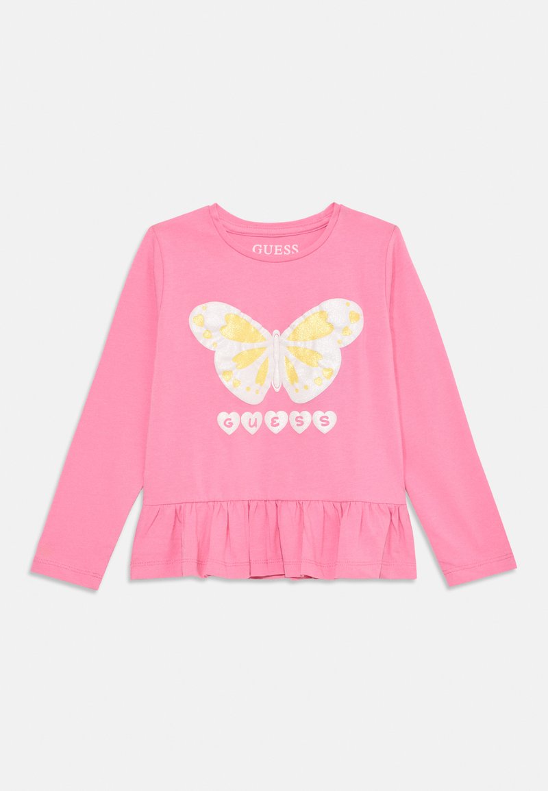 Ružičasta majica s dugim rukavima s velikim grafičkim prikazom bijele i žute leptira uz dodatak srca i volanastim rubom. Uključeni logo brenda.