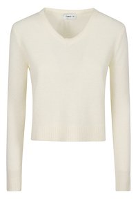 Maglione corto color crema con scollatura a V, maniche lunghe e dettagli a costine all'orlo e ai polsini. Tessuto morbido e design minimale.