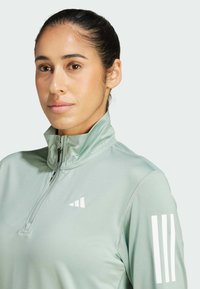 Lichtgroene sportieve pullover met een hoge kraag en halve rits. Kenmerkt zich door witte accenten en drie strepen op de rechtermouw.