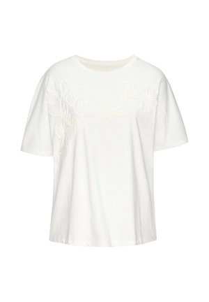 Witte T-shirt met korte mouwen, met geborduurd bloemmotief over de borst en schouders, ronde hals, ontspannen pasvorm.