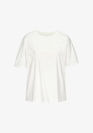 Witte T-shirt met korte mouwen, met geborduurd bloemmotief over de borst en schouders, ronde hals, ontspannen pasvorm.