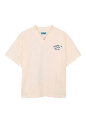 Crèmekleurig katoenen T-shirt met een V-hals en korte mouwen. Voorzien van een blauw "KENZO PARIS" logo gedrukt op de linkerborst.