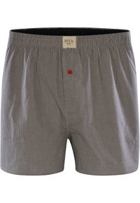 Boxer grigi e bianchi a righe con un bottone rosso, vita elastica e un piccolo dettaglio della tasca frontale. Realizzati in tessuto leggero.