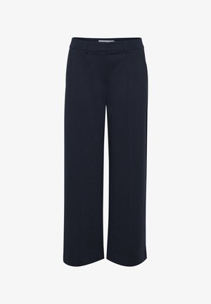Pantaloni a gamba larga blu navy con passanti per cintura, piega frontale e chiusura frontale nascosta.