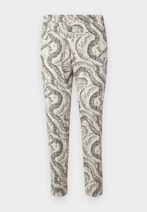 Pantaloni con motivo serpente in nero e grigio su uno sfondo beige chiaro, con chiusura a bottone e vestibilità slim.