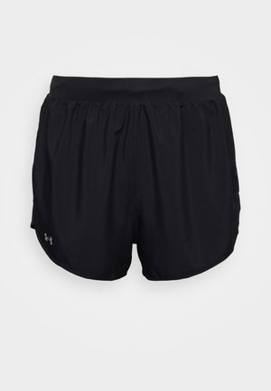Zwarte atletiekshorts met elastische tailleband en klein reflecterend Under Armour-logo op het linkerbeen, weergegeven tegen een witte achtergrond.