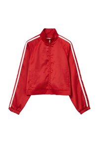 Rote satinierte Bomberjacke mit weißen Seitenstreifen, verkürztem Design, Reißverschluss vorne und elastischen Bündchen. Verfügt über seitliche Taschen.