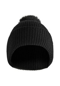 Czarna dziana czapka z prążkowaną fakturą i puszystym pomponem na górze. Projekt jest dopasowany, z możliwością podwinięcia na brzegach.