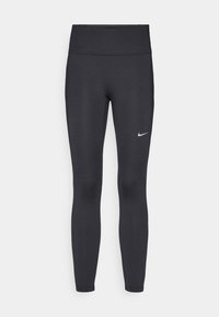 Leggings neri realizzati in tessuto elasticizzato, con una vita alta e un logo Nike bianco sulla coscia sinistra. Tessuto liscio, design aderente.