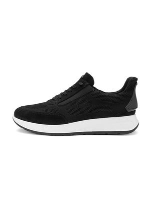 Black athletic shoe featuring a combination of mesh and suede materials, a white sole, and lace-up design with textured panels.